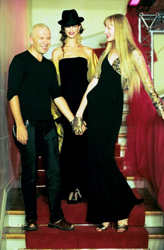 F/W 1999 Jean Paul Gaultier Haute Couture Runway One Shoulder Open Chest Black Mermaid Gown & Sheer Gold Embellished Mesh Bodysuit Set