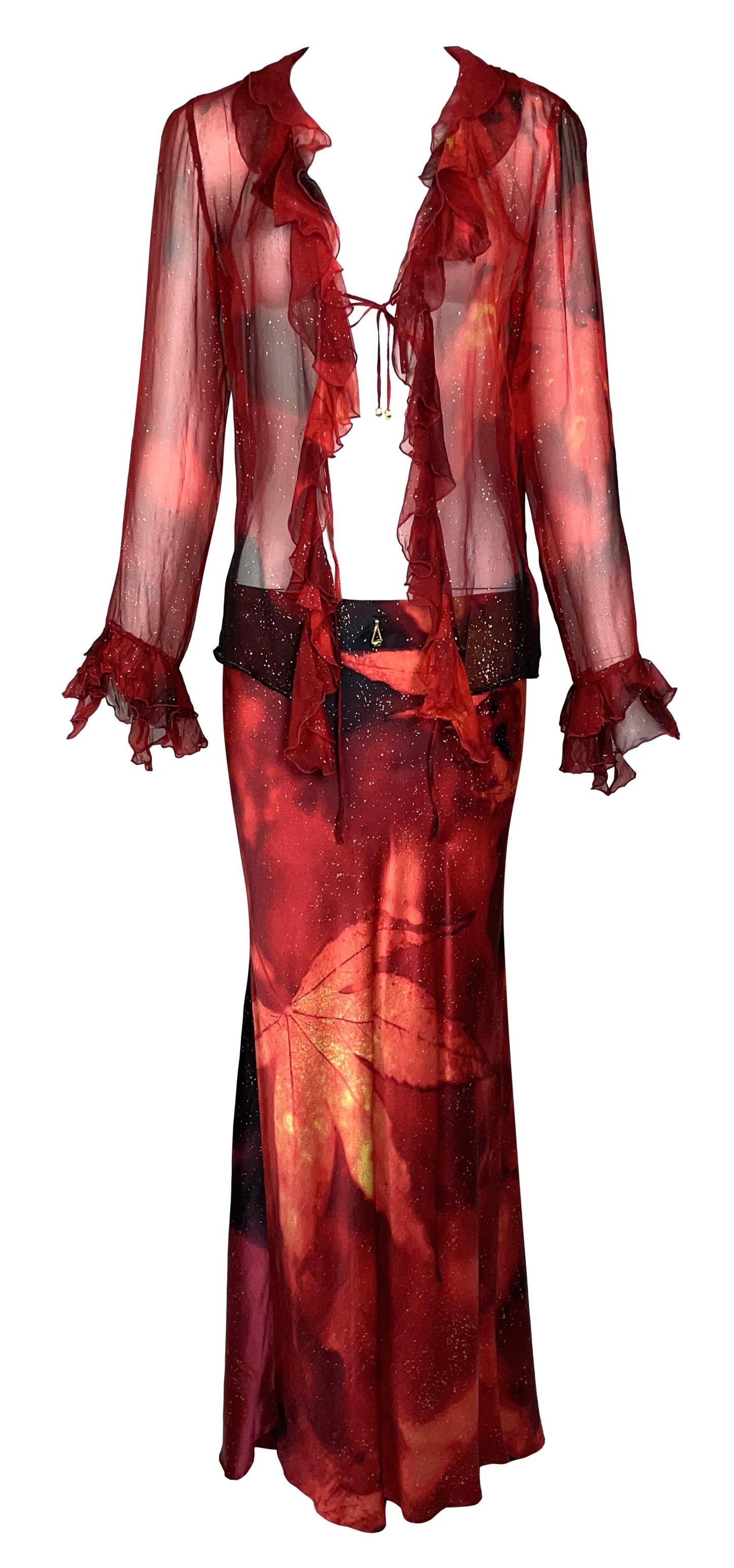F/W 1999 Roberto Cavalli Sheer Red Silk Top & Maxi Skirt Set