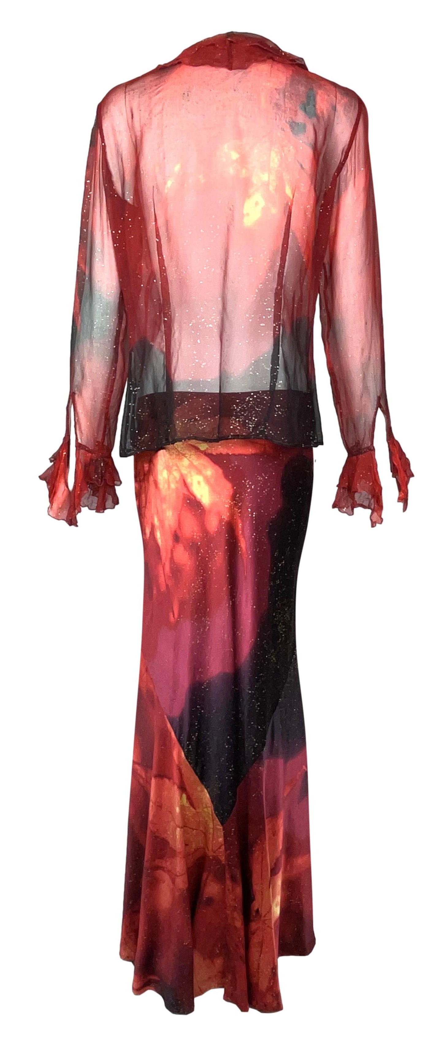 F/W 1999 Roberto Cavalli Sheer Red Silk Top & Maxi Skirt Set