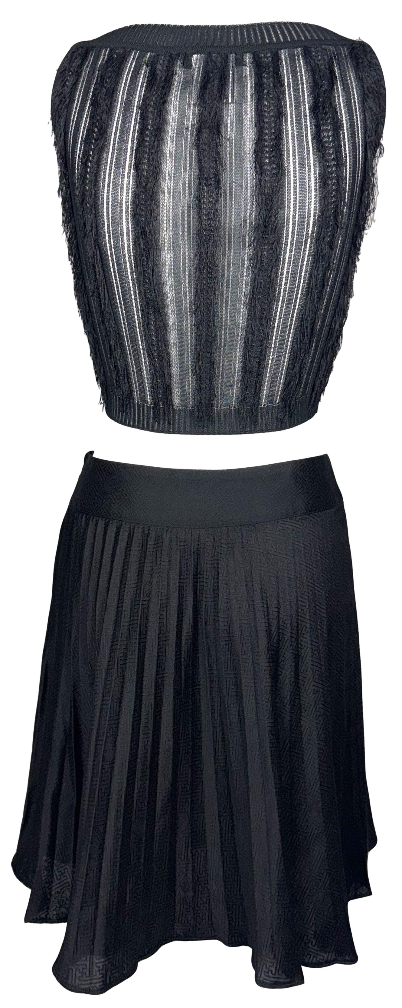 1999 Christian Dior x John Galliano Sheer Black Knit Eyelash Fringe Crop Top & Pleated Chinoiserie Mini Schoolgirl Skirt Set
