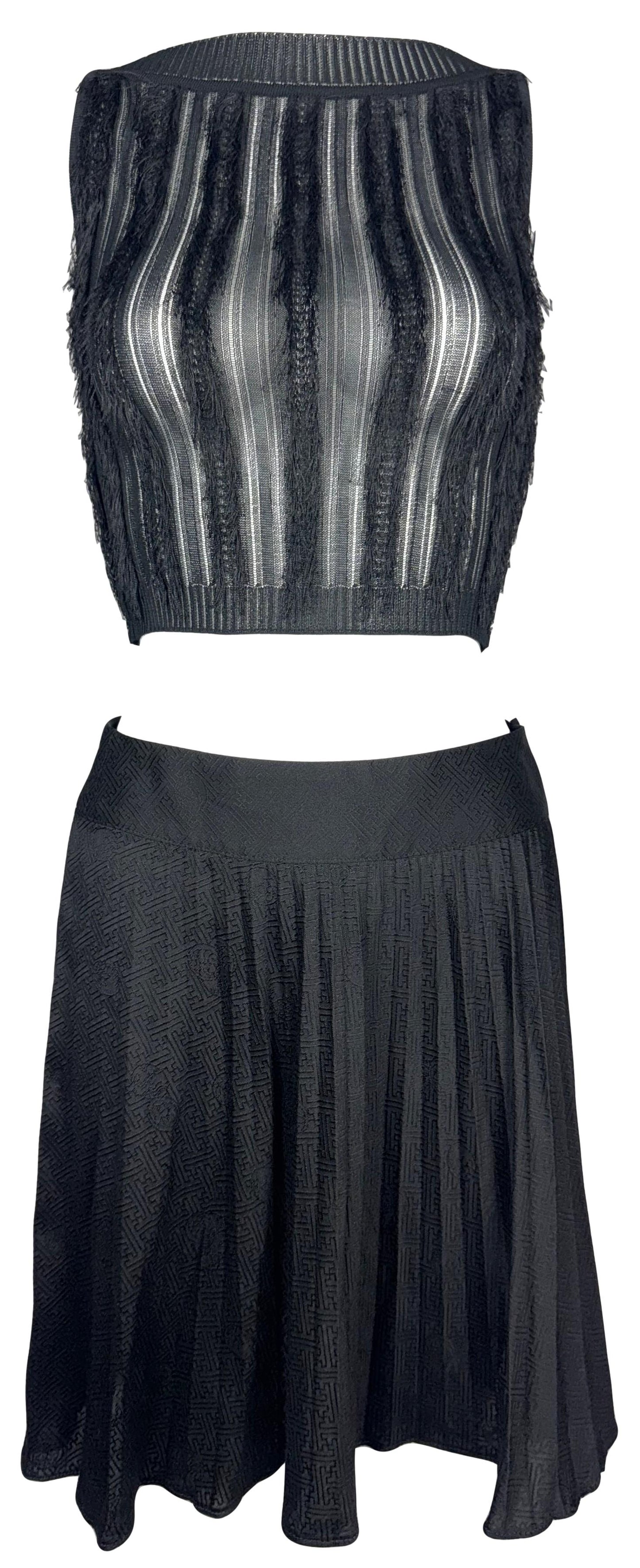 1999 Christian Dior x John Galliano Sheer Black Knit Eyelash Fringe Crop Top & Pleated Chinoiserie Mini Schoolgirl Skirt Set