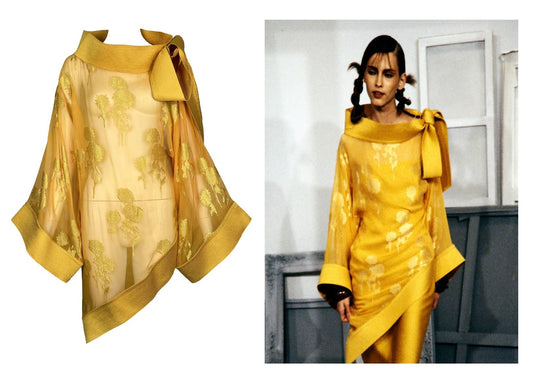 F/W 1999 Christian Dior by John Galliano Runway Sheer Gold Silk Embroidered Kimono Mini Dress Tunic