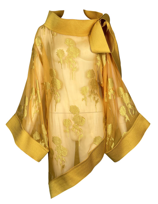 F/W 1999 Christian Dior by John Galliano Runway Sheer Gold Silk Embroidered Kimono Mini Dress Tunic