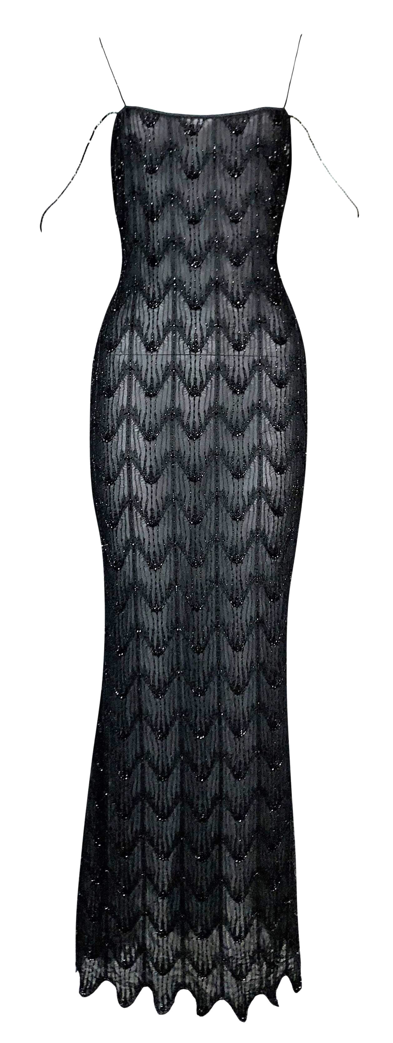 1999 Christian Dior by John Galliano Sheer Black Beaded 1920's Style Maxi Dress