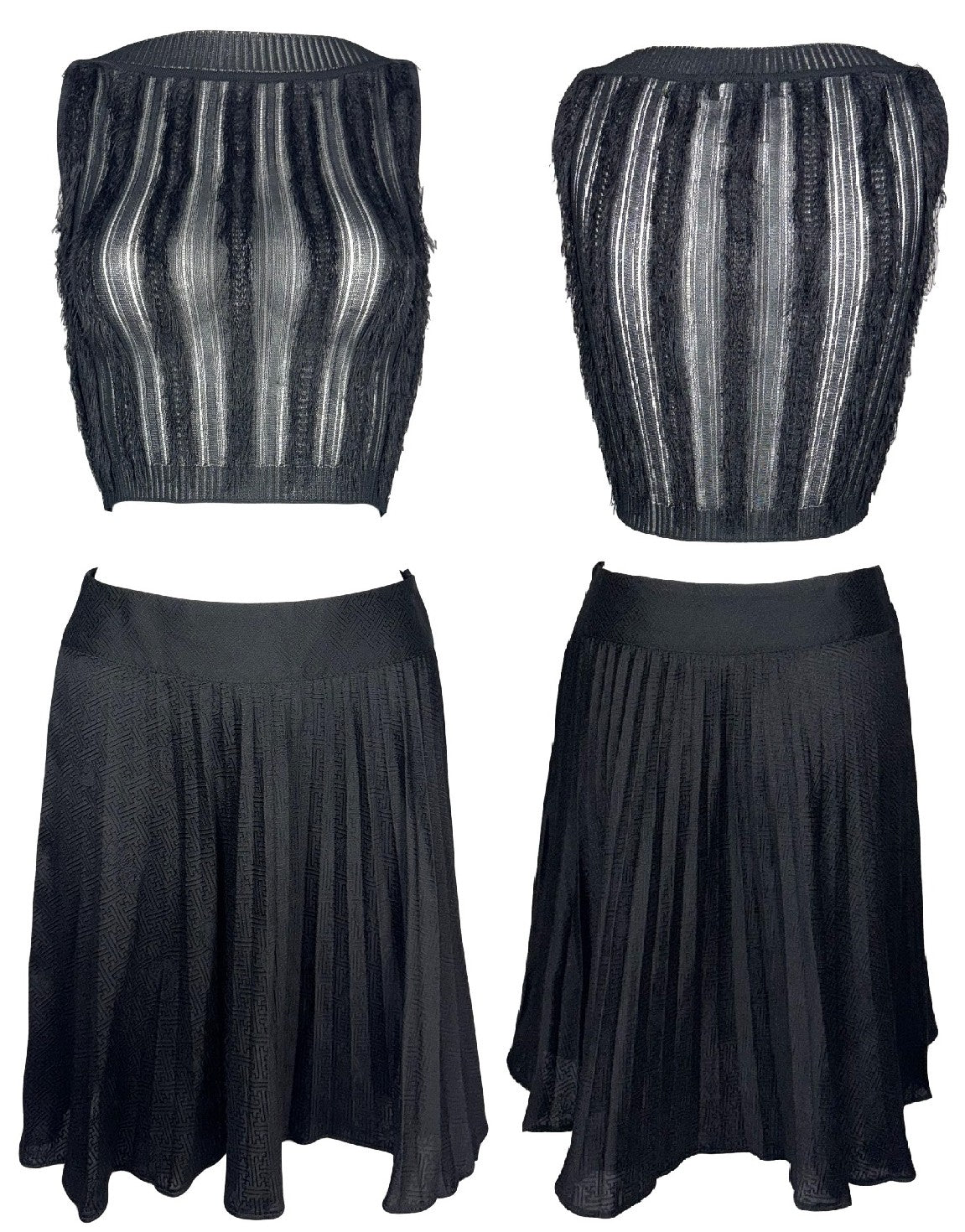 1999 Christian Dior x John Galliano Sheer Black Knit Eyelash Fringe Crop Top & Pleated Chinoiserie Mini Schoolgirl Skirt Set