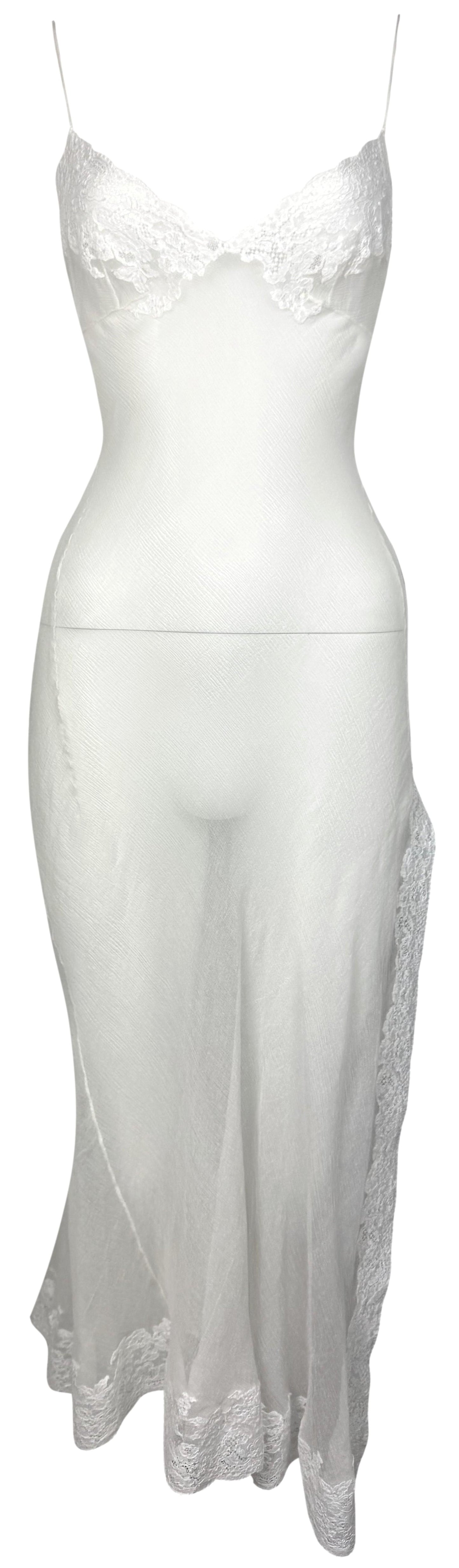 F/W 1999 Christian Dior by John Galliano Sheer Ivory Silk & Chantilly Lace High Slit Slip Dress