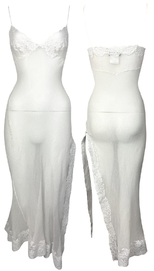 F/W 1999 Christian Dior by John Galliano Sheer Ivory Silk & Chantilly Lace High Slit Slip Dress