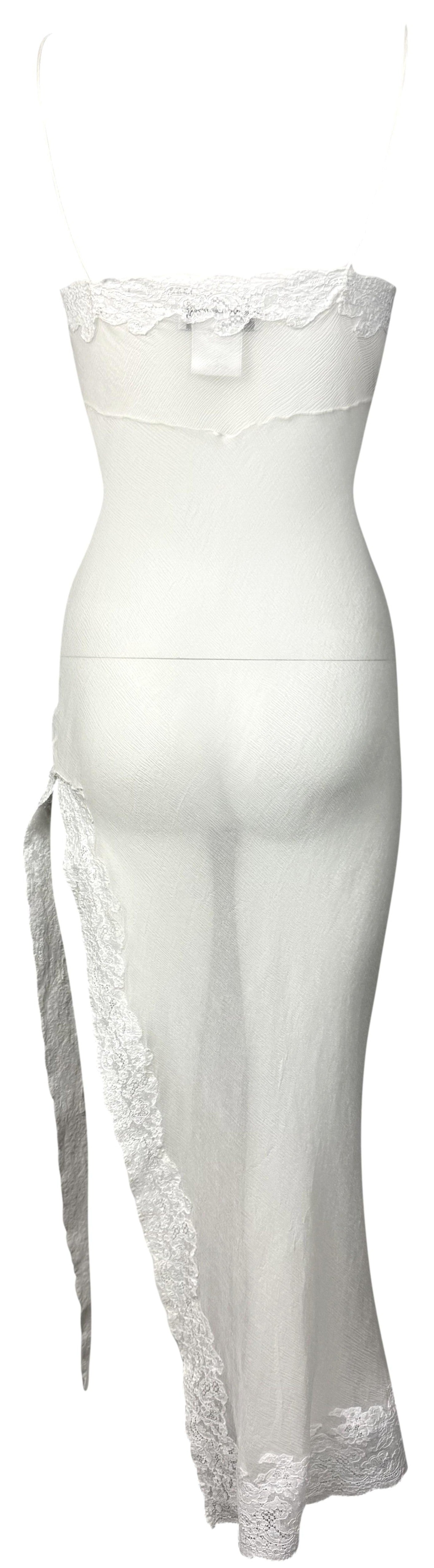 F/W 1999 Christian Dior by John Galliano Sheer Ivory Silk & Chantilly Lace High Slit Slip Dress