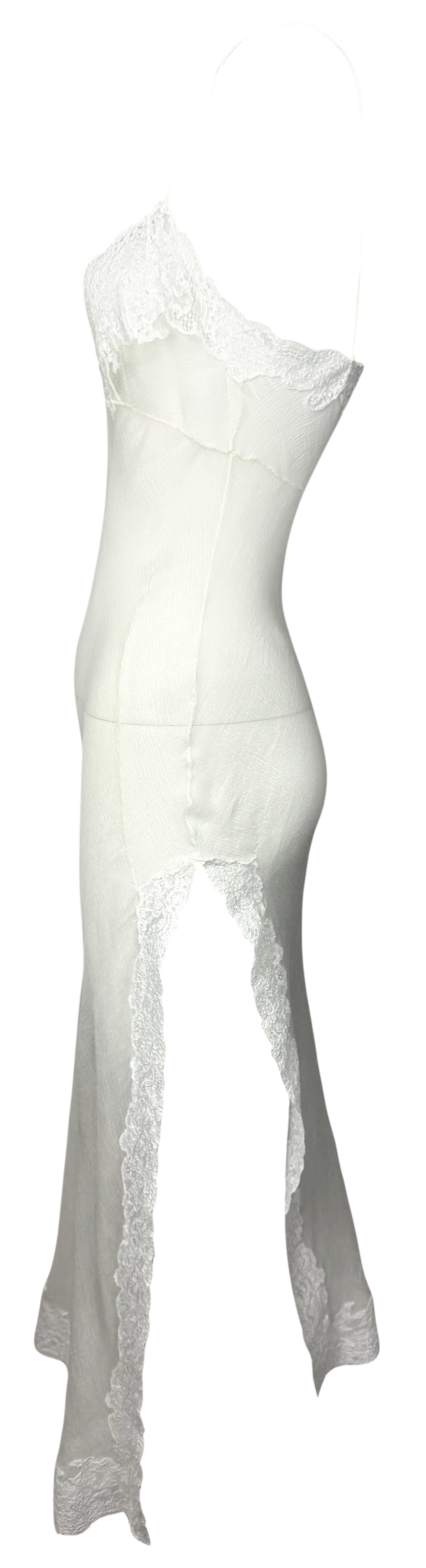F/W 1999 Christian Dior by John Galliano Sheer Ivory Silk & Chantilly Lace High Slit Slip Dress