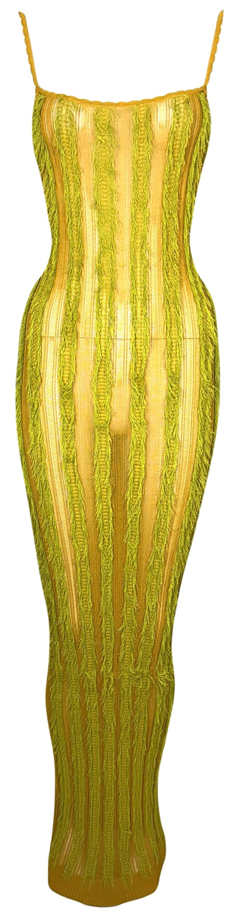F/W 1999 Christian Dior x John Galliano Sheer Yellow & Green Eyelash Fringe Bodycon Extra Long Wiggle Maxi Dress