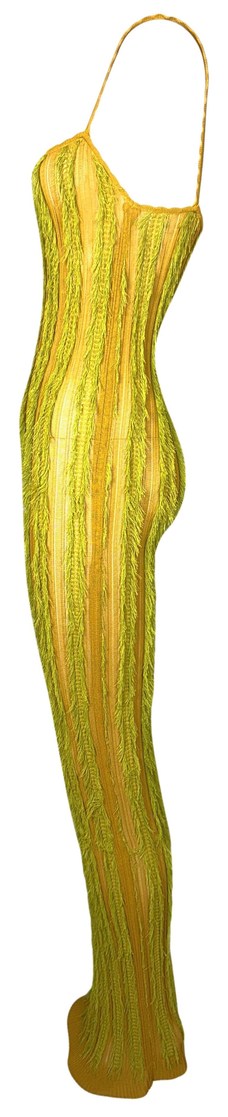 F/W 1999 Christian Dior x John Galliano Sheer Yellow & Green Eyelash Fringe Bodycon Extra Long Wiggle Maxi Dress