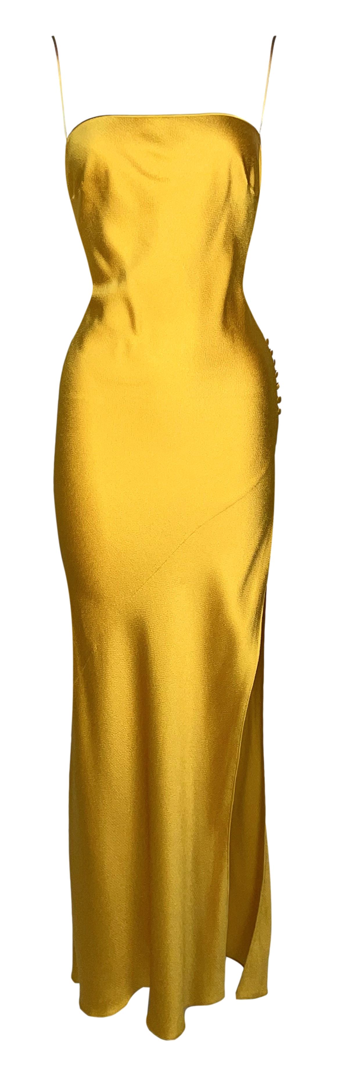 F/W 1999 Christian Dior by John Galliano Runway Gold Marigold Satin Maxi Slip Dress w High Slit