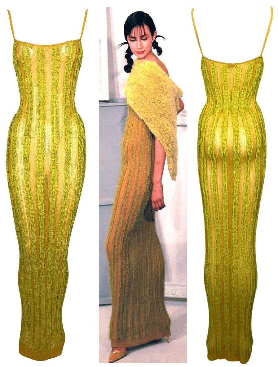 F/W 1999 Christian Dior x John Galliano Runway Sheer Yellow & Green Eyelash Fringe Bodycon Extra Long Wiggle Maxi Dress