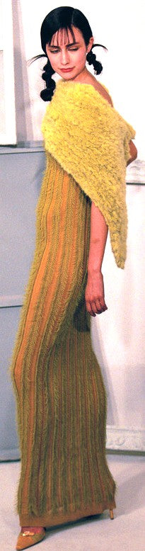 F/W 1999 Christian Dior x John Galliano Runway Sheer Yellow & Green Eyelash Fringe Bodycon Extra Long Wiggle Maxi Dress