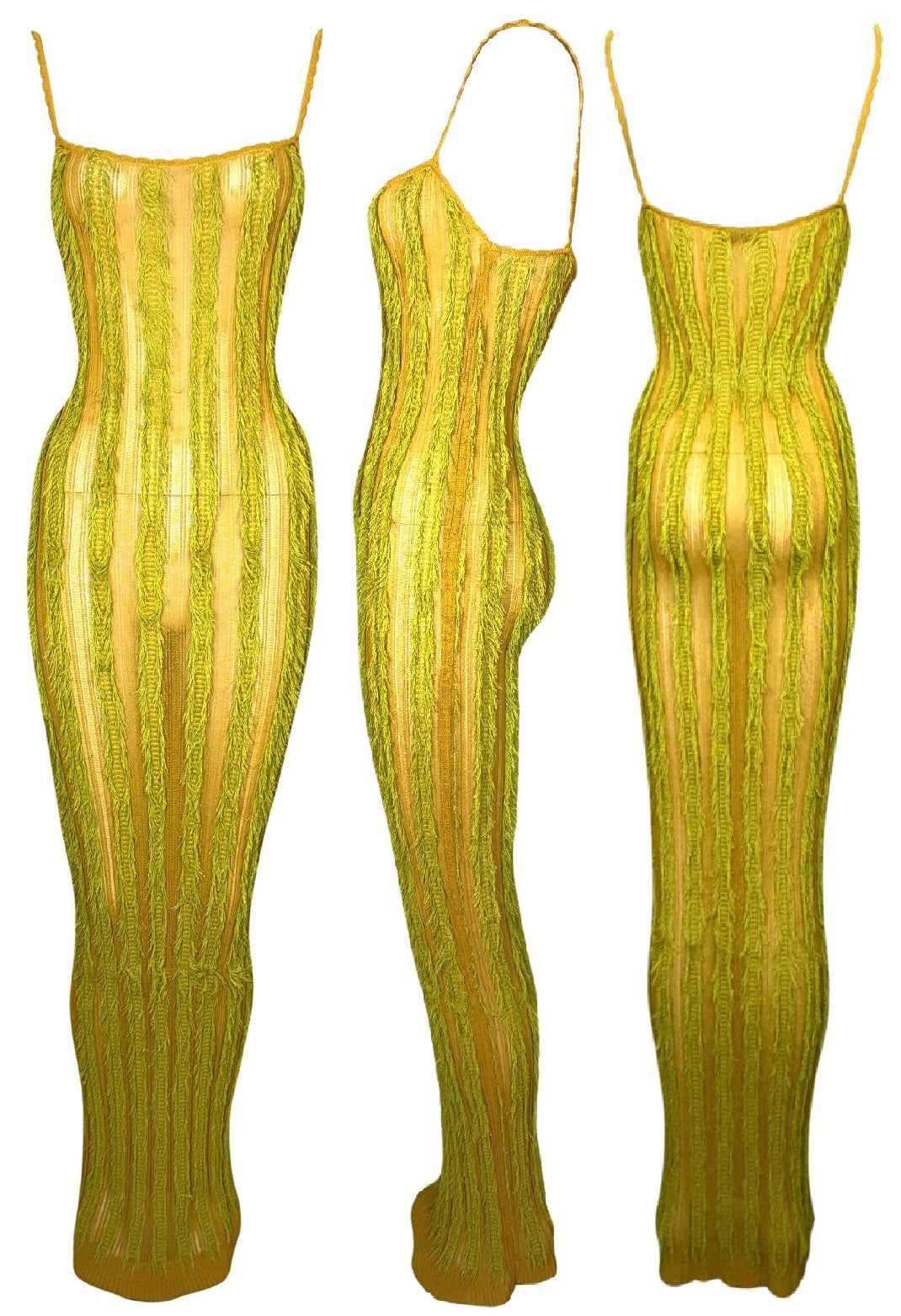 F/W 1999 Christian Dior x John Galliano Runway Sheer Yellow & Green Eyelash Fringe Bodycon Extra Long Wiggle Maxi Dress