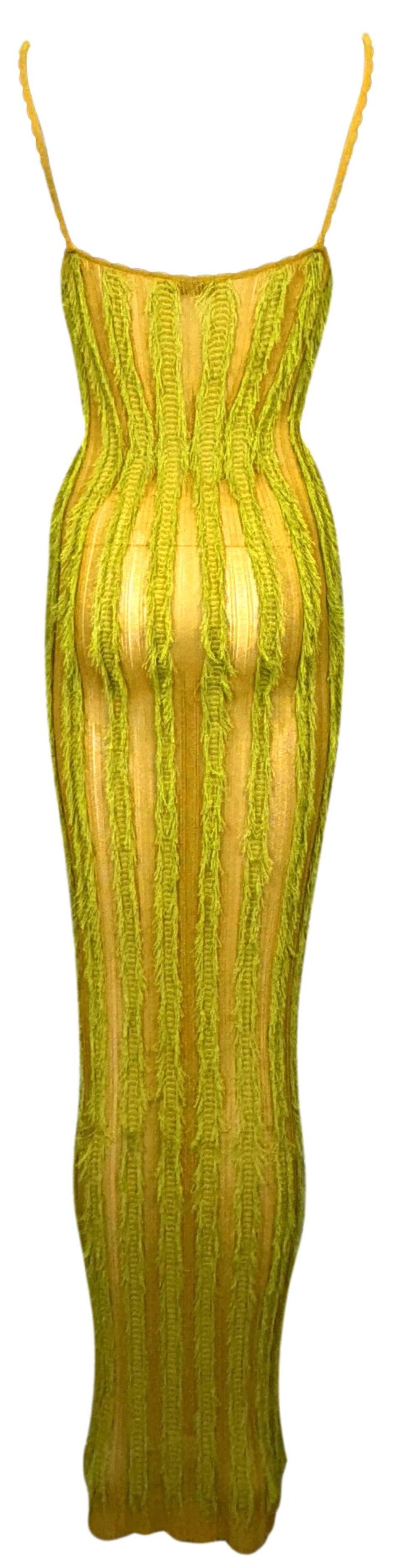 F/W 1999 Christian Dior x John Galliano Runway Sheer Yellow & Green Eyelash Fringe Bodycon Extra Long Wiggle Maxi Dress