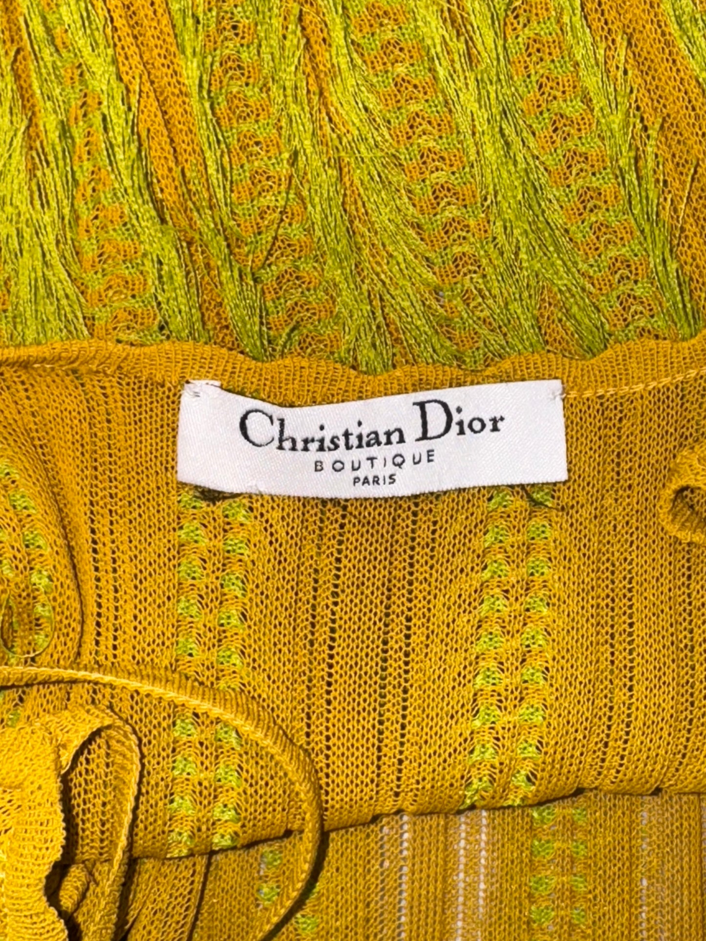 F/W 1999 Christian Dior x John Galliano Runway Sheer Yellow & Green Eyelash Fringe Bodycon Extra Long Wiggle Maxi Dress