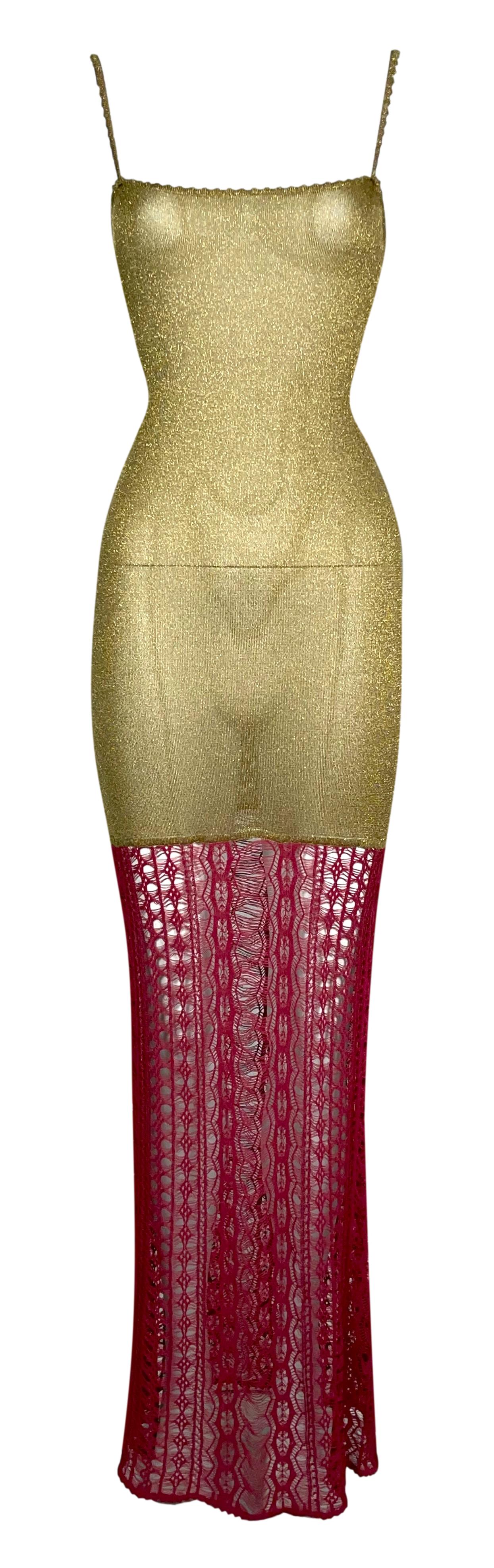 F/W 1999 Christian Dior by John Galliano Sheer Gold & Red Knit Bodycon Maxi Dress