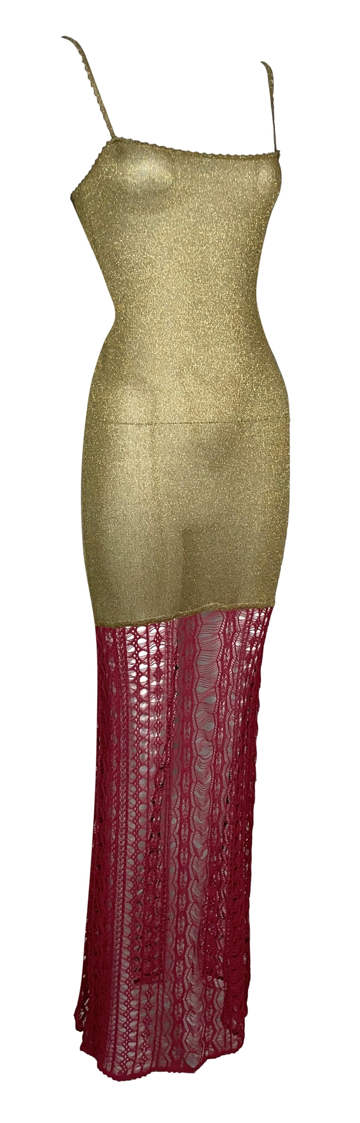 F/W 1999 Christian Dior by John Galliano Sheer Gold & Red Knit Bodycon Maxi Dress