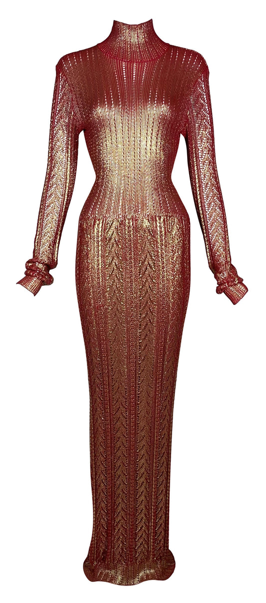 F/W 1999 Christian Dior by John Galliano Red & Gold Knit L/S Bodycon Maxi Dress