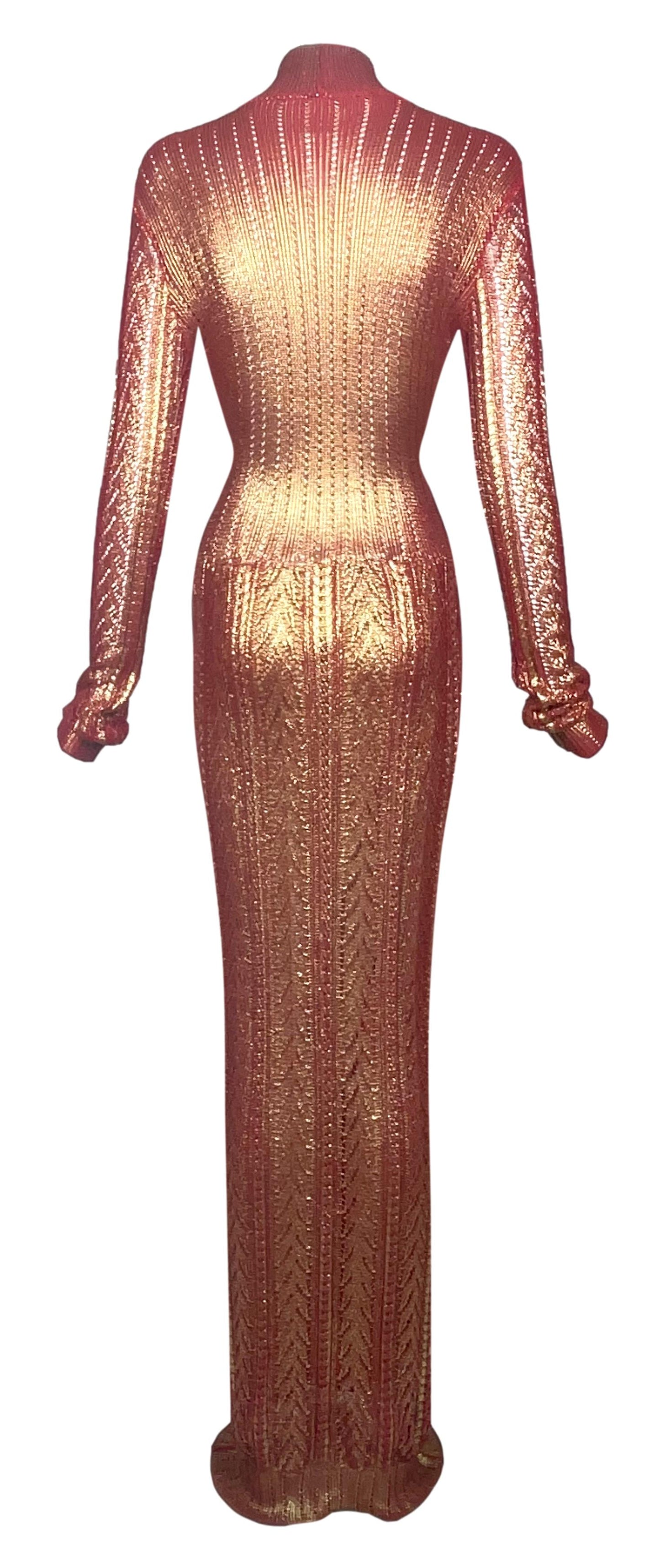 F/W 1999 Christian Dior by John Galliano Red & Gold Knit L/S Bodycon Maxi Dress