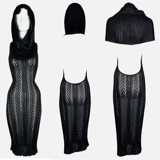 F/W 1999 Christian Dior by John Galliano Sheer Black Knit Wide Collar Hooded Bodycon Backless Dress