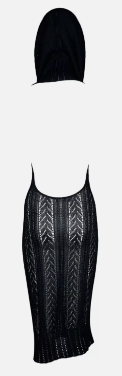 F/W 1999 Christian Dior by John Galliano Sheer Black Knit Wide Collar Hooded Bodycon Backless Dress