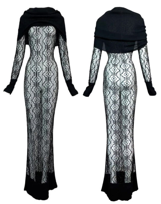 F/W 1999 Christian Dior by John Galliano Sheer Black Knit L/S Cowl Neck Maxi Dress Gown