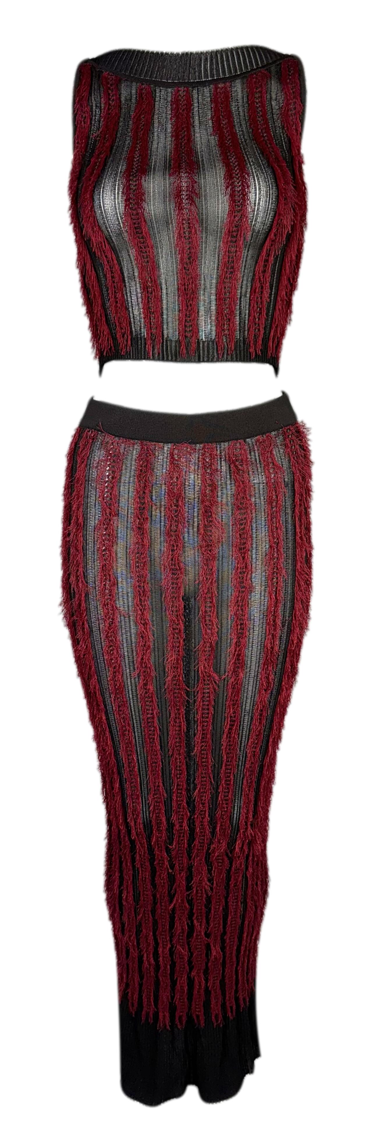 F/W 1999 Christian Dior by John Galliano Sheer Brown & Red Fringe Knit Crop Top & Maxi Skirt Set