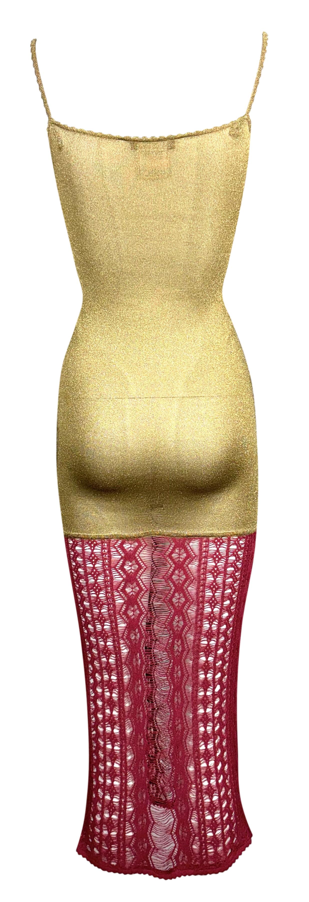 F/W 1999 Christian Dior by John Galliano Sheer Gold & Red Knit Bodycon Midi Dress