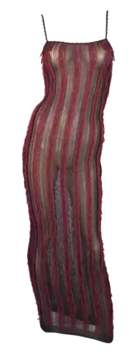 F/W 1999 Christian Dior by John Galliano Brown & Red Sheer Eyelash Fringe Bodycon Wiggle Maxi Dress