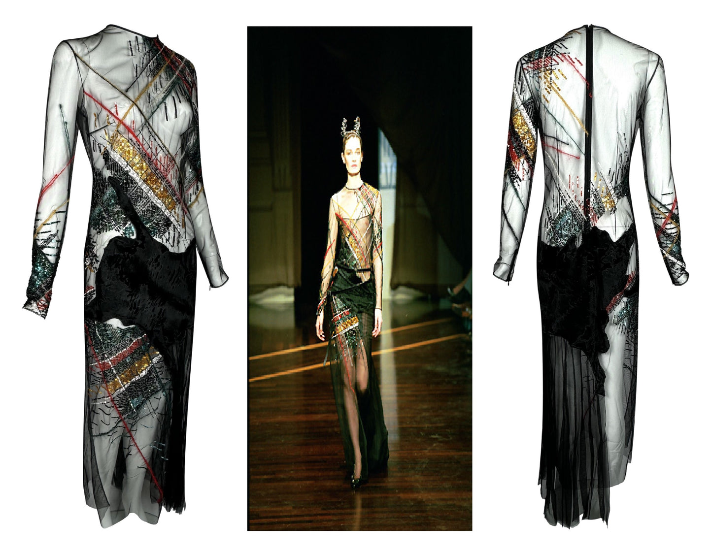 F/W 1999 Gianfranco Ferre Runway Sheer Black Mesh Fur Embellished Maxi Dress