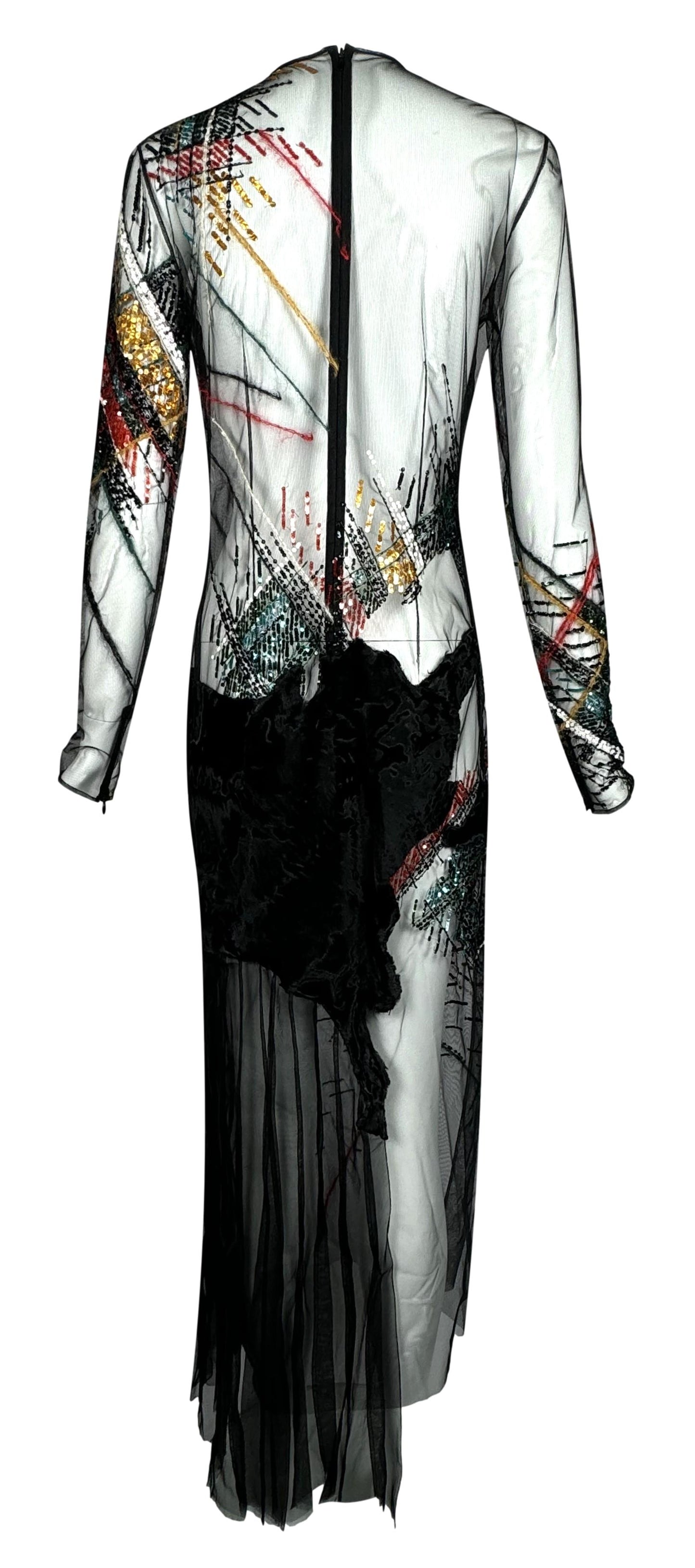 F/W 1999 Gianfranco Ferre Runway Sheer Black Mesh Fur Embellished Maxi Dress