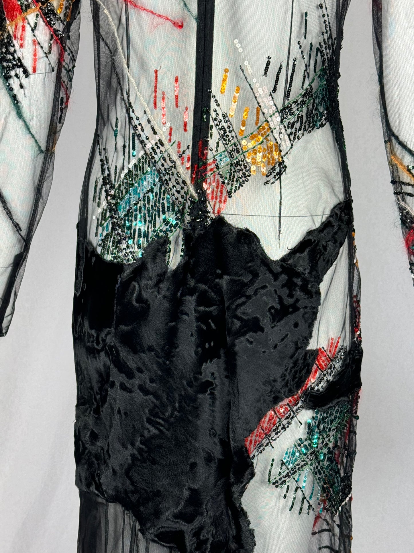 F/W 1999 Gianfranco Ferre Runway Sheer Black Mesh Fur Embellished Maxi Dress