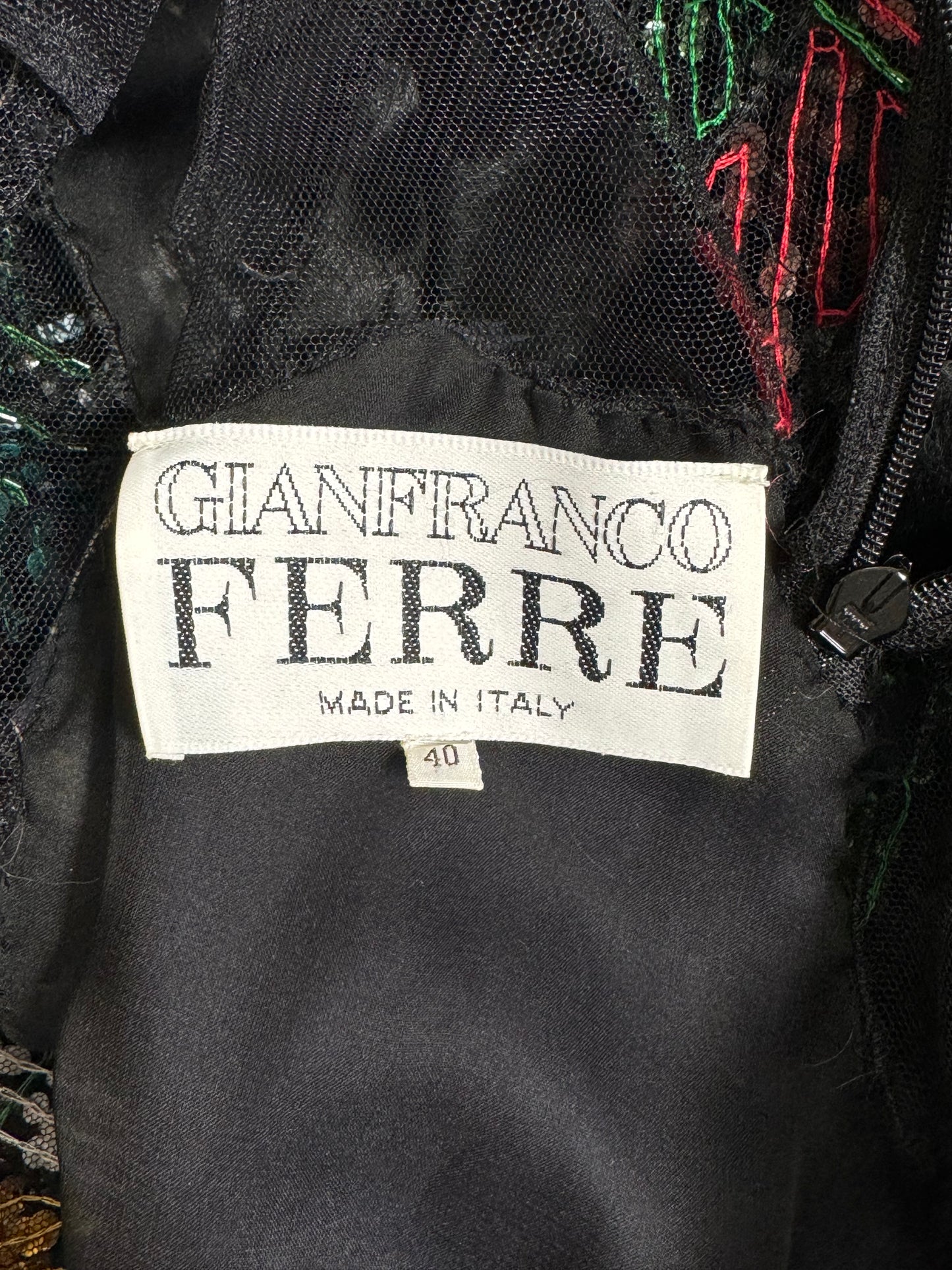 F/W 1999 Gianfranco Ferre Runway Sheer Black Mesh Fur Embellished Maxi Dress