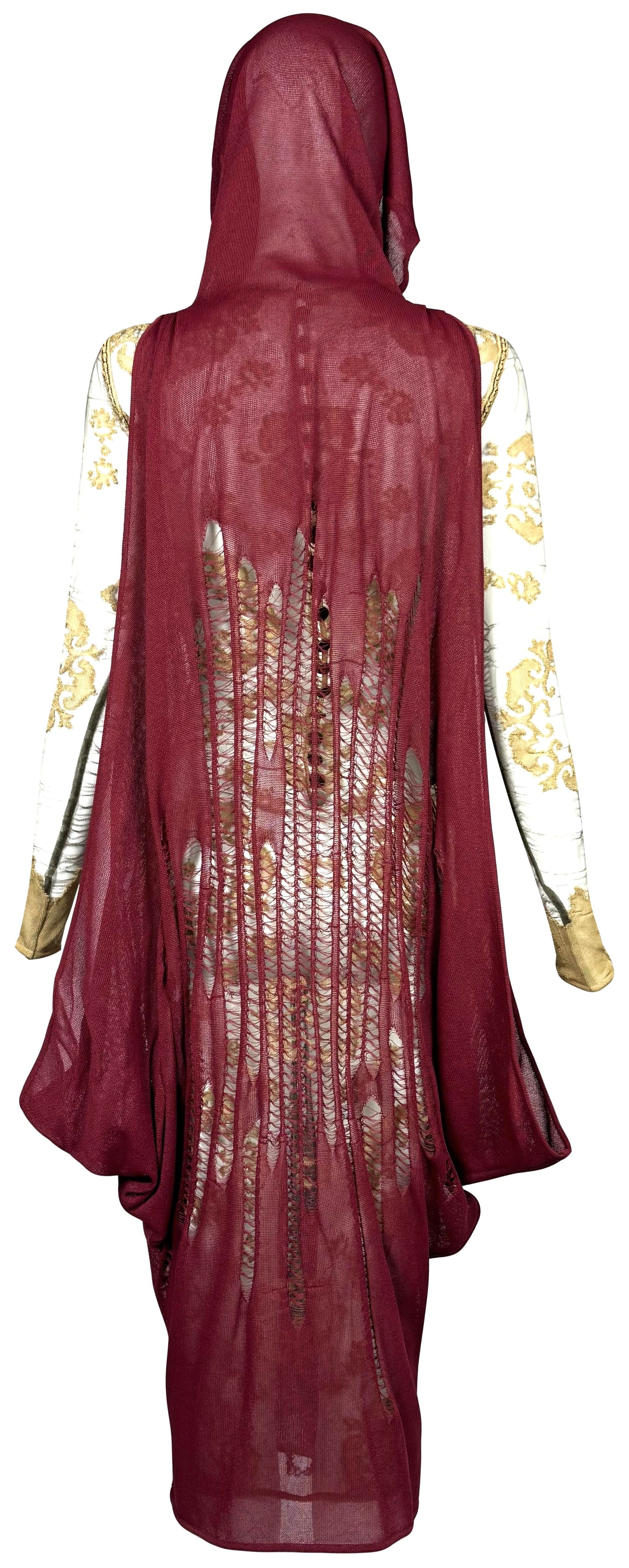 F/W 1999 Givenchy Haute Couture by Alexander McQueen Runway Distressed Sheer Gold Bodystocking Dress & Hooded Slashed Red Dress Set