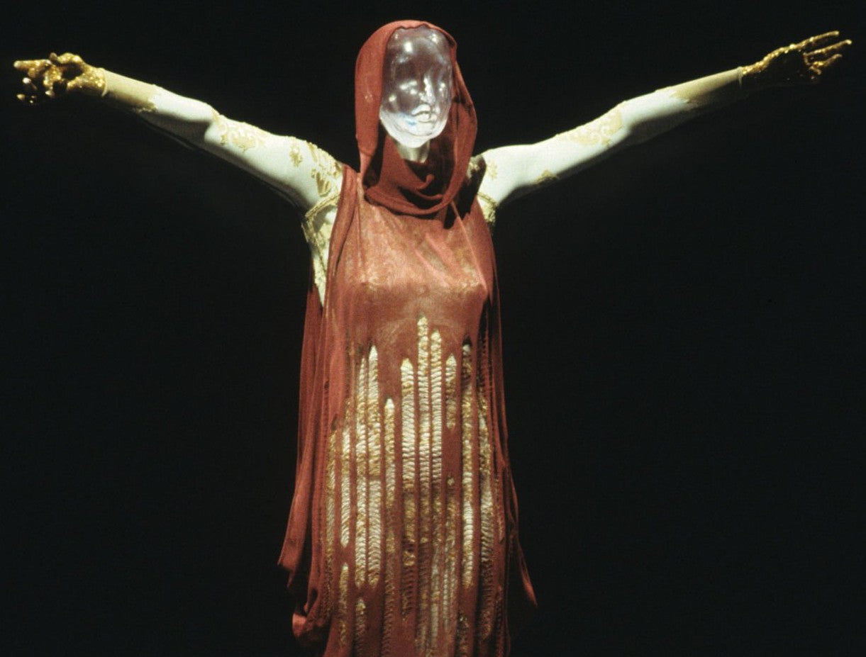 F/W 1999 Givenchy Haute Couture by Alexander McQueen Runway Distressed Sheer Gold Bodystocking Dress & Hooded Slashed Red Dress Set