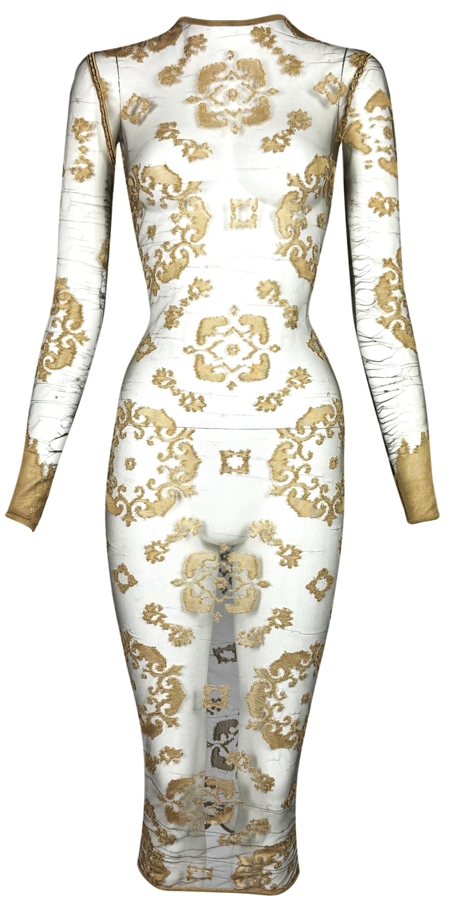 F/W 1999 Givenchy Haute Couture by Alexander McQueen Runway Distressed Sheer Gold Bodystocking Dress & Hooded Slashed Red Dress Set