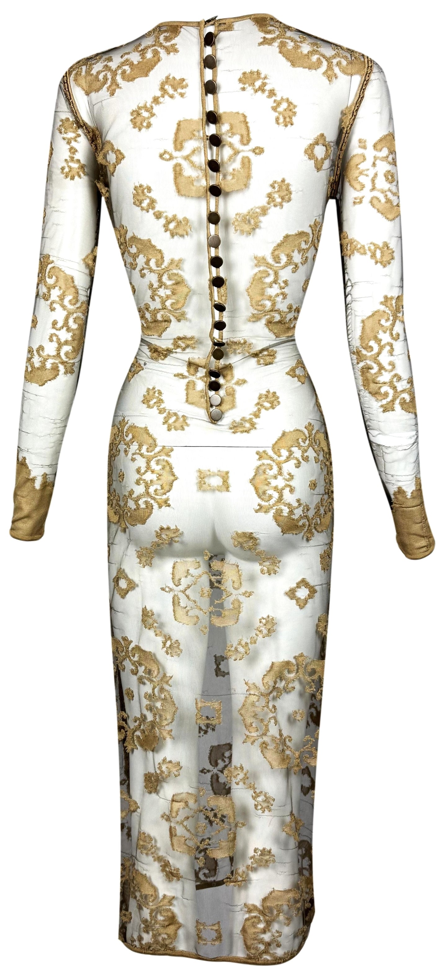 F/W 1999 Givenchy Haute Couture by Alexander McQueen Runway Distressed Sheer Gold Bodystocking Dress & Hooded Slashed Red Dress Set
