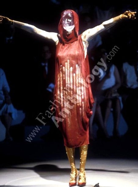 F/W 1999 Givenchy Haute Couture by Alexander McQueen Runway Distressed Sheer Gold Bodystocking Dress & Hooded Slashed Red Dress Set