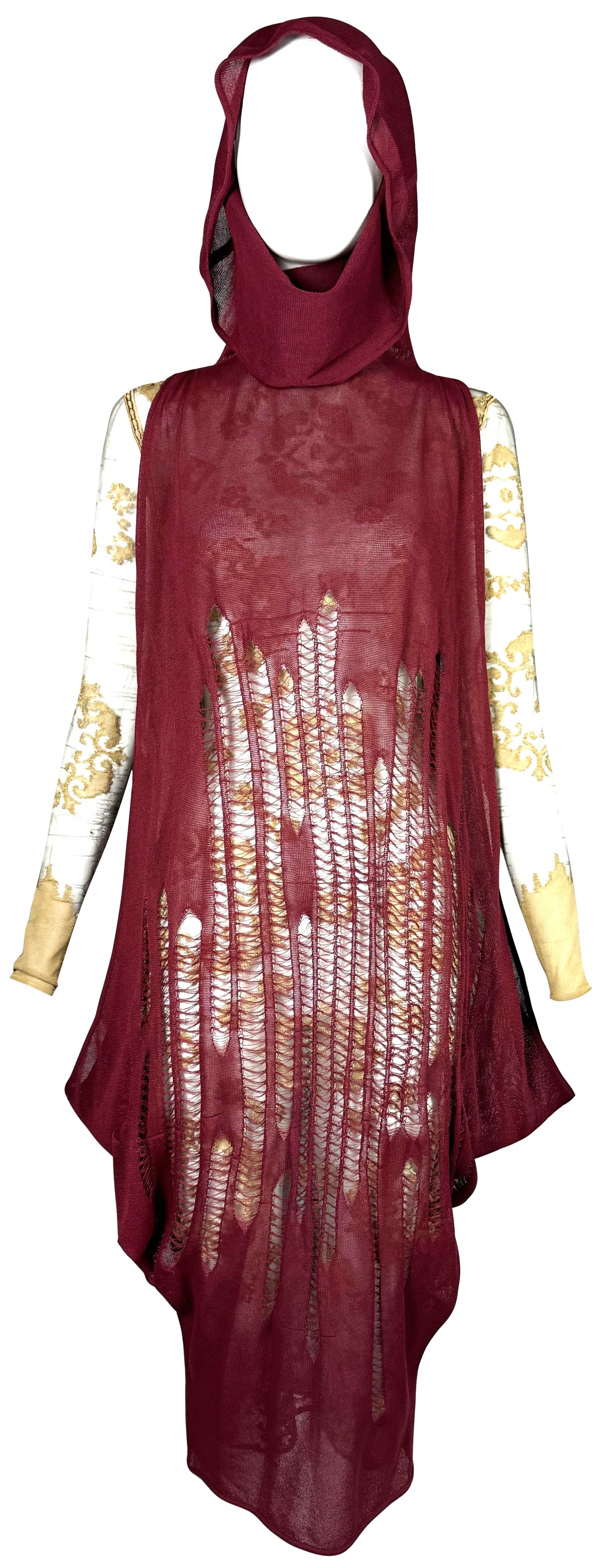 F/W 1999 Givenchy Haute Couture by Alexander McQueen Runway Distressed Sheer Gold Bodystocking Dress & Hooded Slashed Red Dress Set