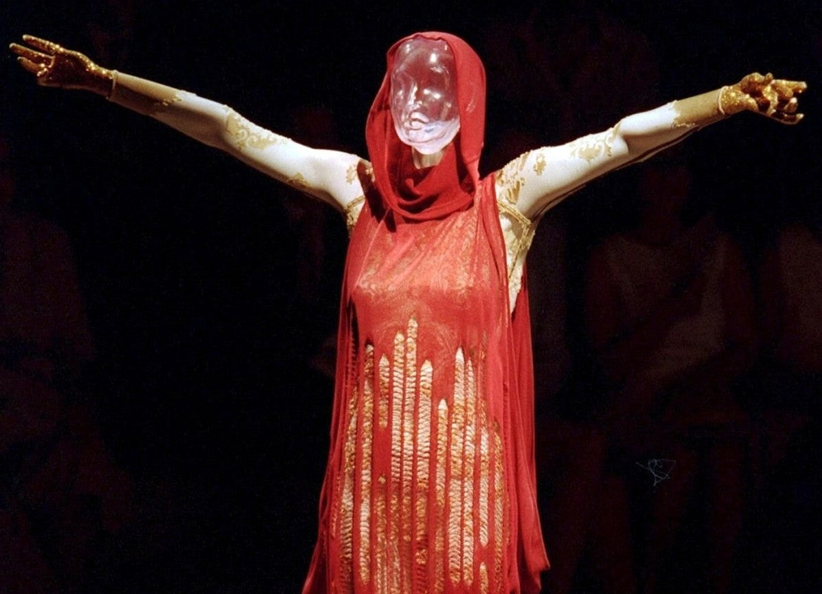 F/W 1999 Givenchy Haute Couture by Alexander McQueen Runway Distressed Sheer Gold Bodystocking Dress & Hooded Slashed Red Dress Set
