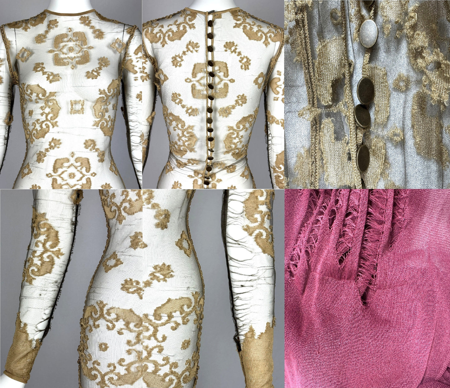 F/W 1999 Givenchy Haute Couture by Alexander McQueen Runway Distressed Sheer Gold Bodystocking Dress & Hooded Slashed Red Dress Set