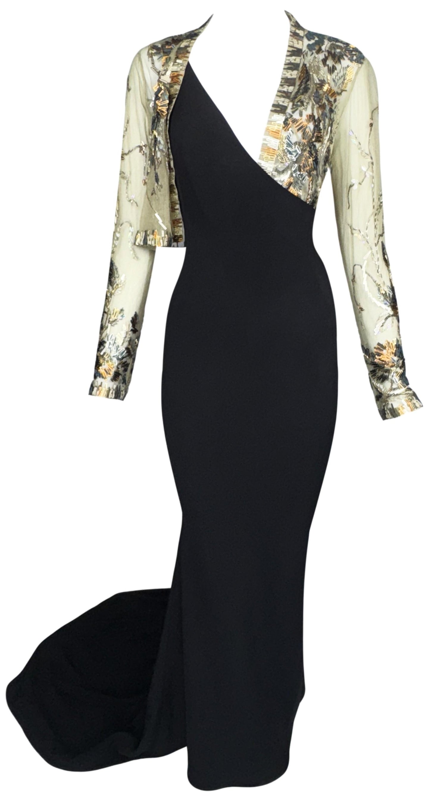 F/W 1999 Jean Paul Gaultier Haute Couture Runway One Shoulder Open Chest Black Mermaid Gown & Sheer Gold Embellished Mesh Bodysuit Set