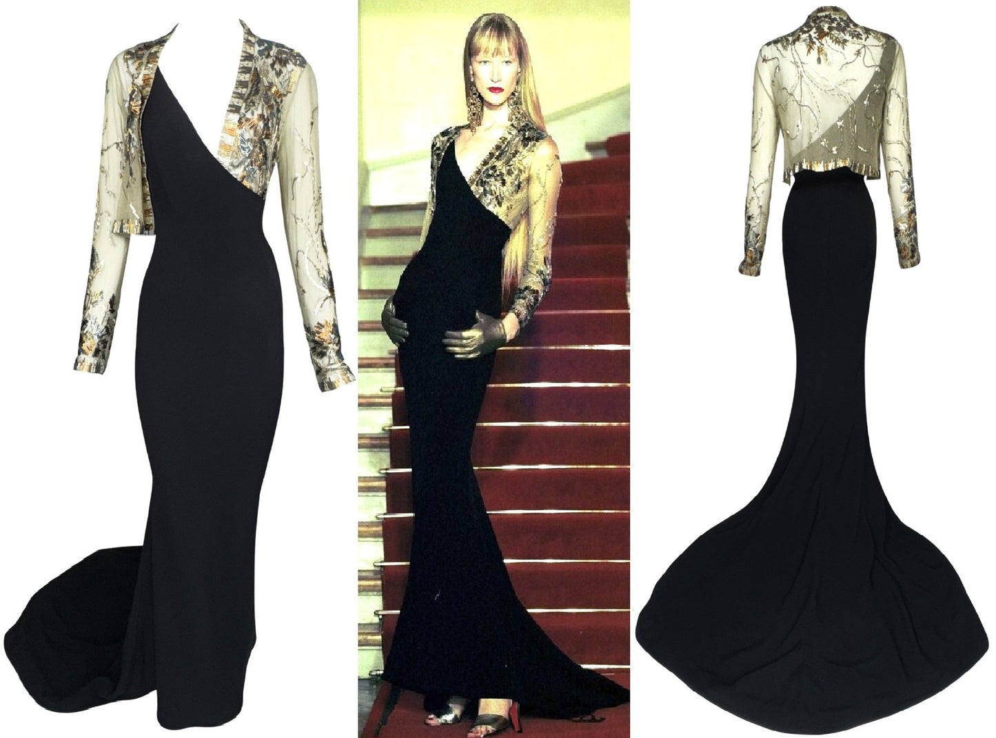 F/W 1999 Jean Paul Gaultier Haute Couture Runway One Shoulder Open Chest Black Mermaid Gown & Sheer Gold Embellished Mesh Bodysuit Set