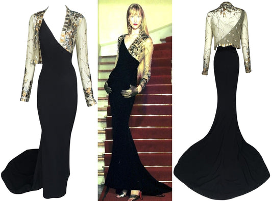 F/W 1999 Jean Paul Gaultier Haute Couture Runway One Shoulder Open Chest Black Mermaid Gown & Sheer Gold Embellished Mesh Bodysuit Set