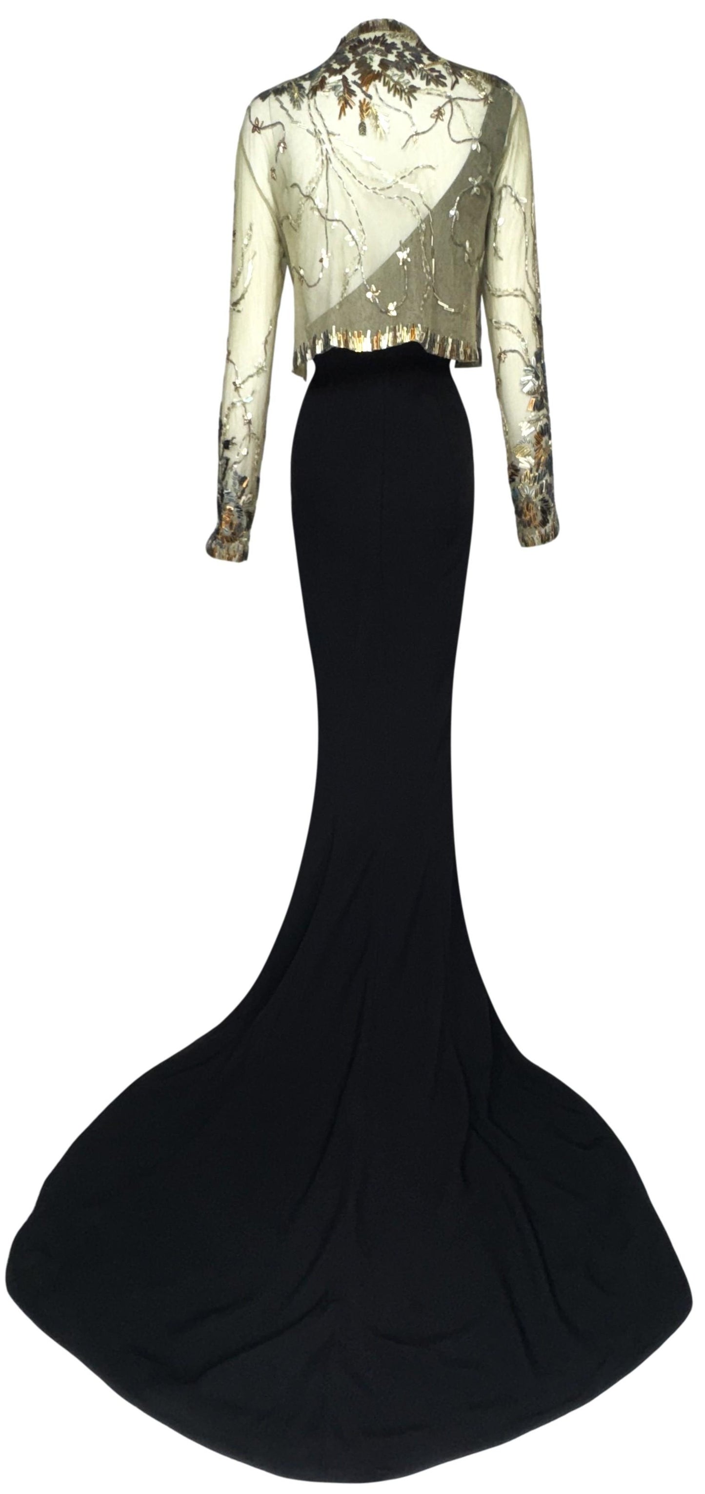 F/W 1999 Jean Paul Gaultier Haute Couture Runway One Shoulder Open Chest Black Mermaid Gown & Sheer Gold Embellished Mesh Bodysuit Set