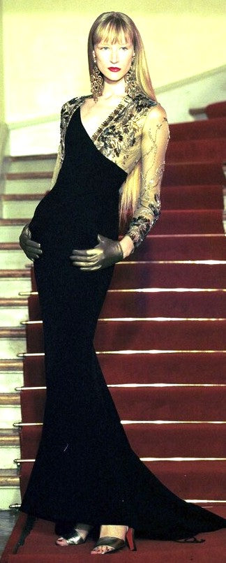F/W 1999 Jean Paul Gaultier Haute Couture Runway One Shoulder Open Chest Black Mermaid Gown & Sheer Gold Embellished Mesh Bodysuit Set