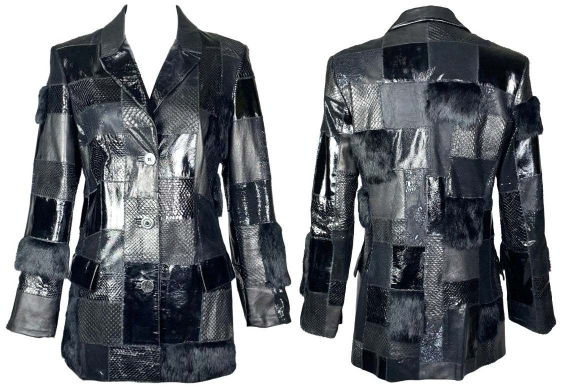 F/W 1999 Roberto Cavalli Black Leather Snakeskin & Mink Fur Patchwork Jacket