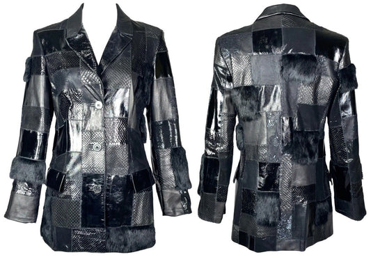 F/W 1999 Roberto Cavalli Black Leather Snakeskin & Mink Fur Patchwork Jacket